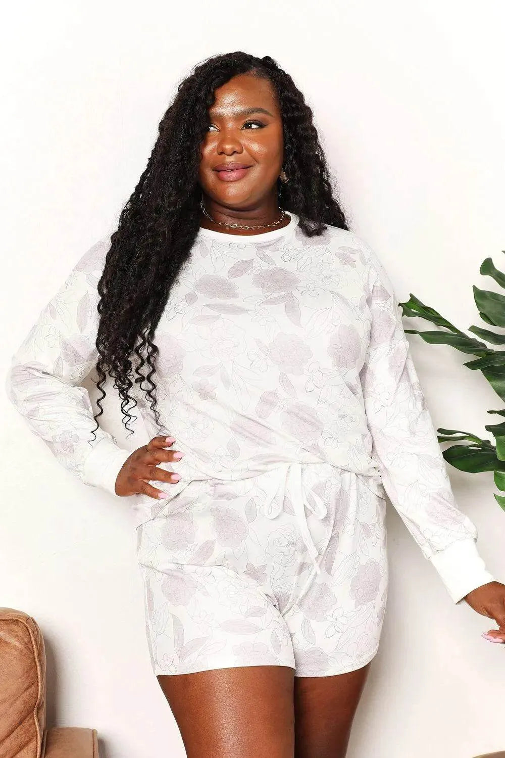 Double Take Floral Long Sleeve Top and Shorts Loungewear Set - Bona Fide Fashion