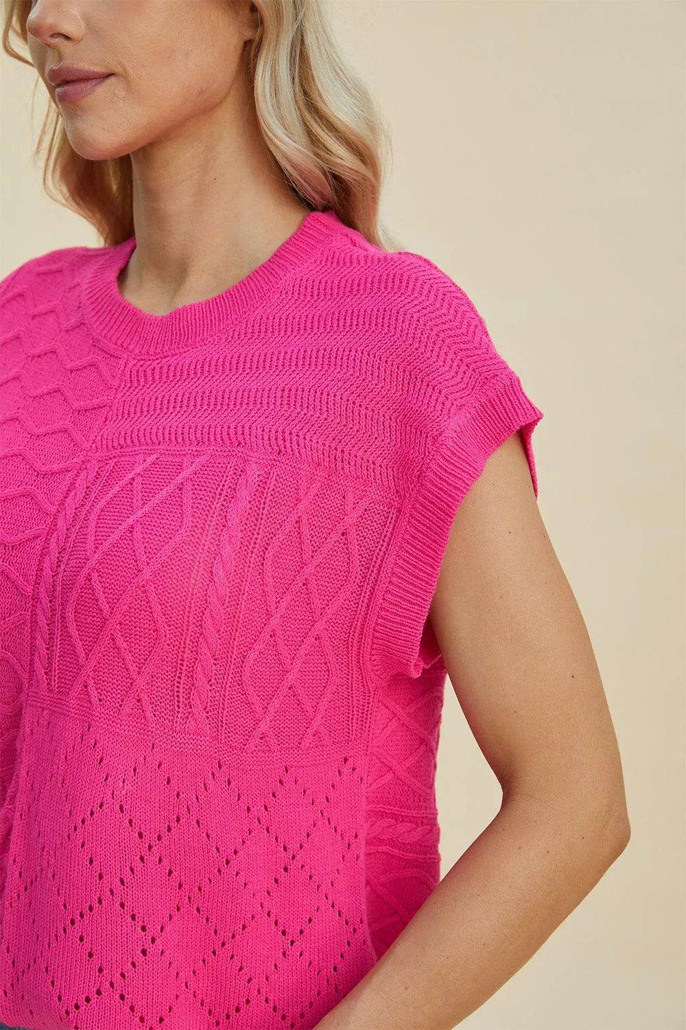 Double Take Full Size Cable-Knit Round Neck Cap Sleeve Sweater - Bona Fide Fashion