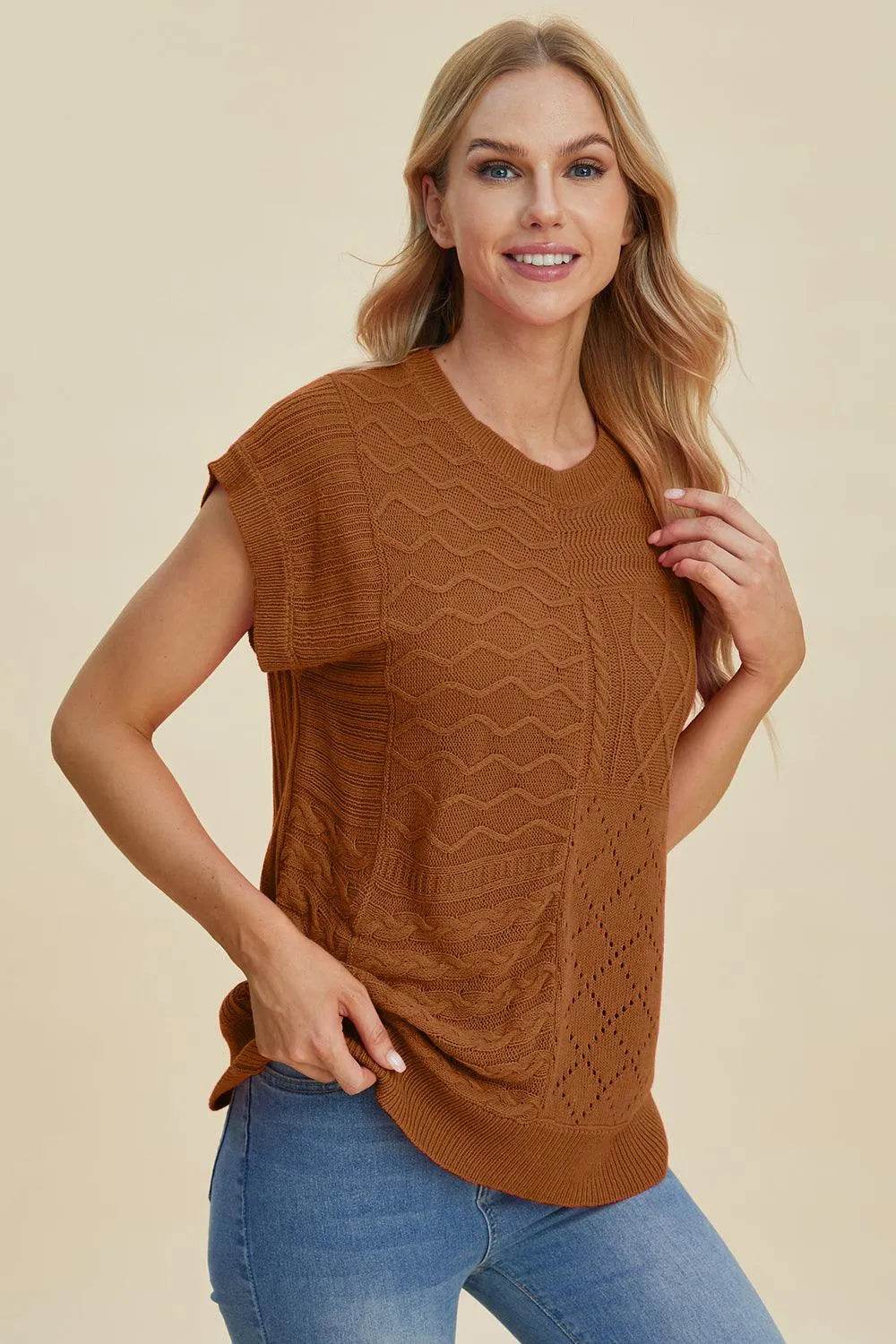 Double Take Full Size Cable-Knit Round Neck Cap Sleeve Sweater - Bona Fide Fashion