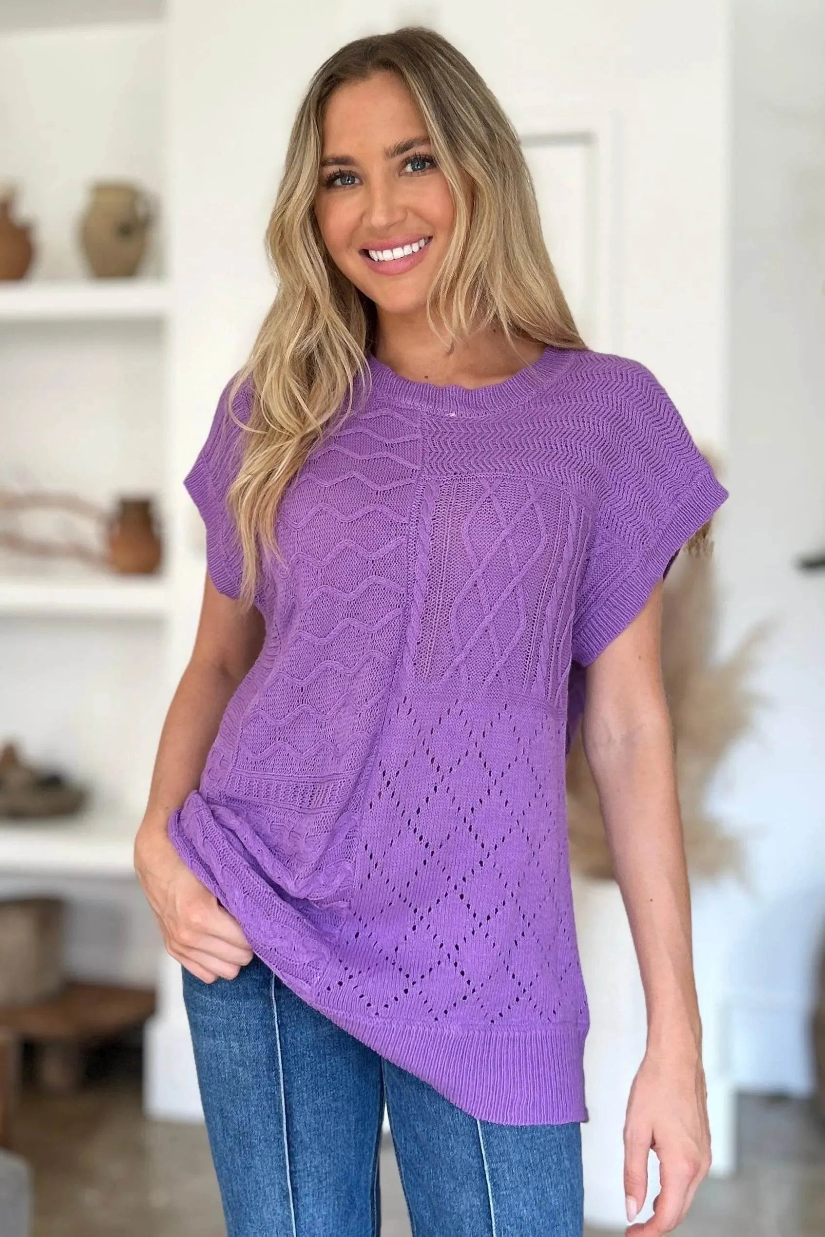 Double Take Full Size Cable-Knit Round Neck Cap Sleeve Sweater - Bona Fide Fashion