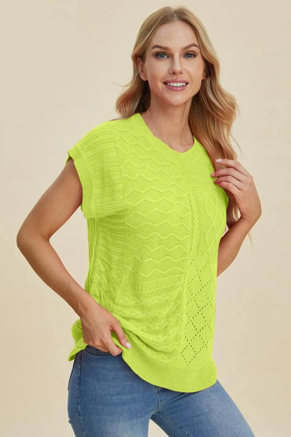 Double Take Full Size Cable-Knit Round Neck Cap Sleeve Sweater - Bona Fide Fashion