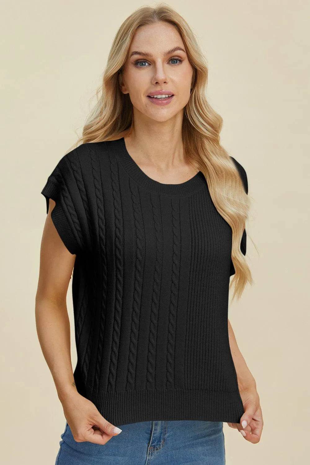Double Take Full Size Cable-Knit Round Neck Short Sleeve Sweater - Bona Fide Fashion