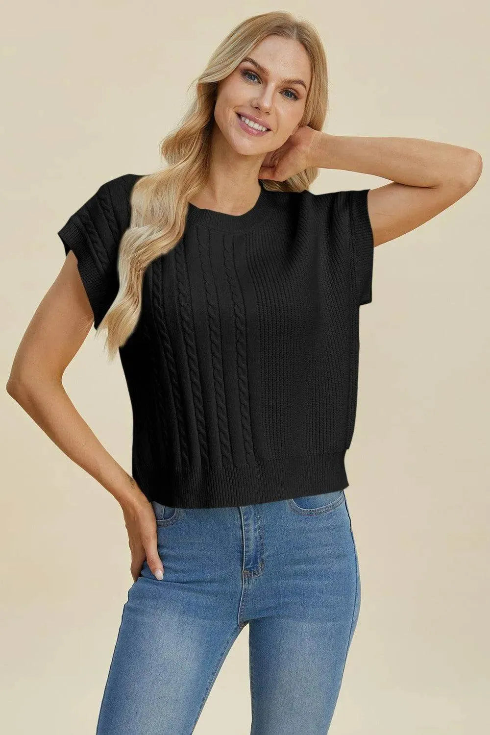 Double Take Full Size Cable-Knit Round Neck Short Sleeve Sweater - Bona Fide Fashion