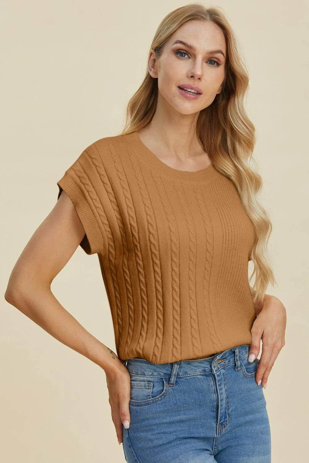 Double Take Full Size Cable-Knit Round Neck Short Sleeve Sweater - Bona Fide Fashion