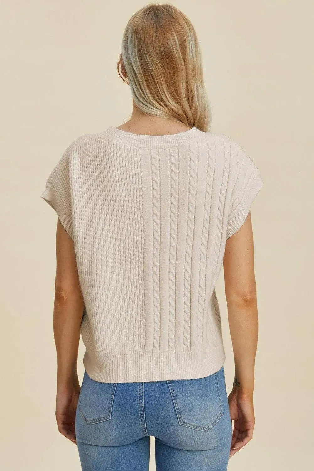 Double Take Full Size Cable-Knit Round Neck Short Sleeve Sweater - Bona Fide Fashion