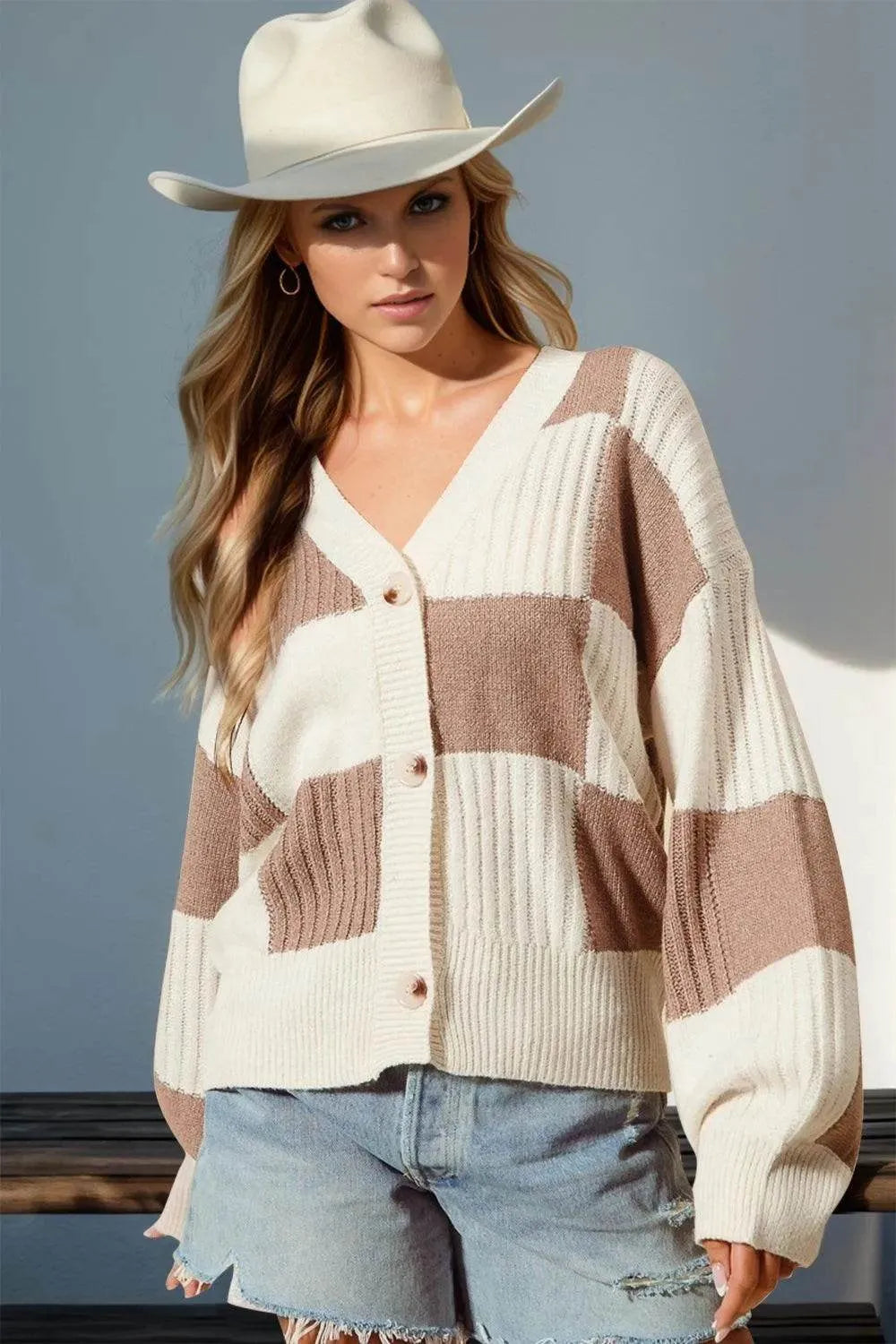 Double Take Full Size Checkered Dropped Shoulder Cardigan - Bona Fide Fashion