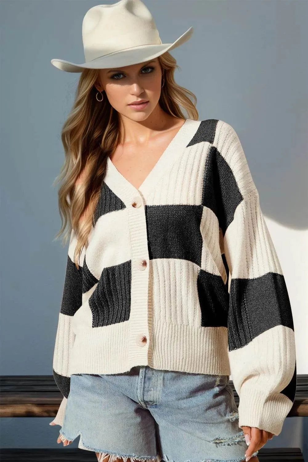 Double Take Full Size Checkered Dropped Shoulder Cardigan - Bona Fide Fashion