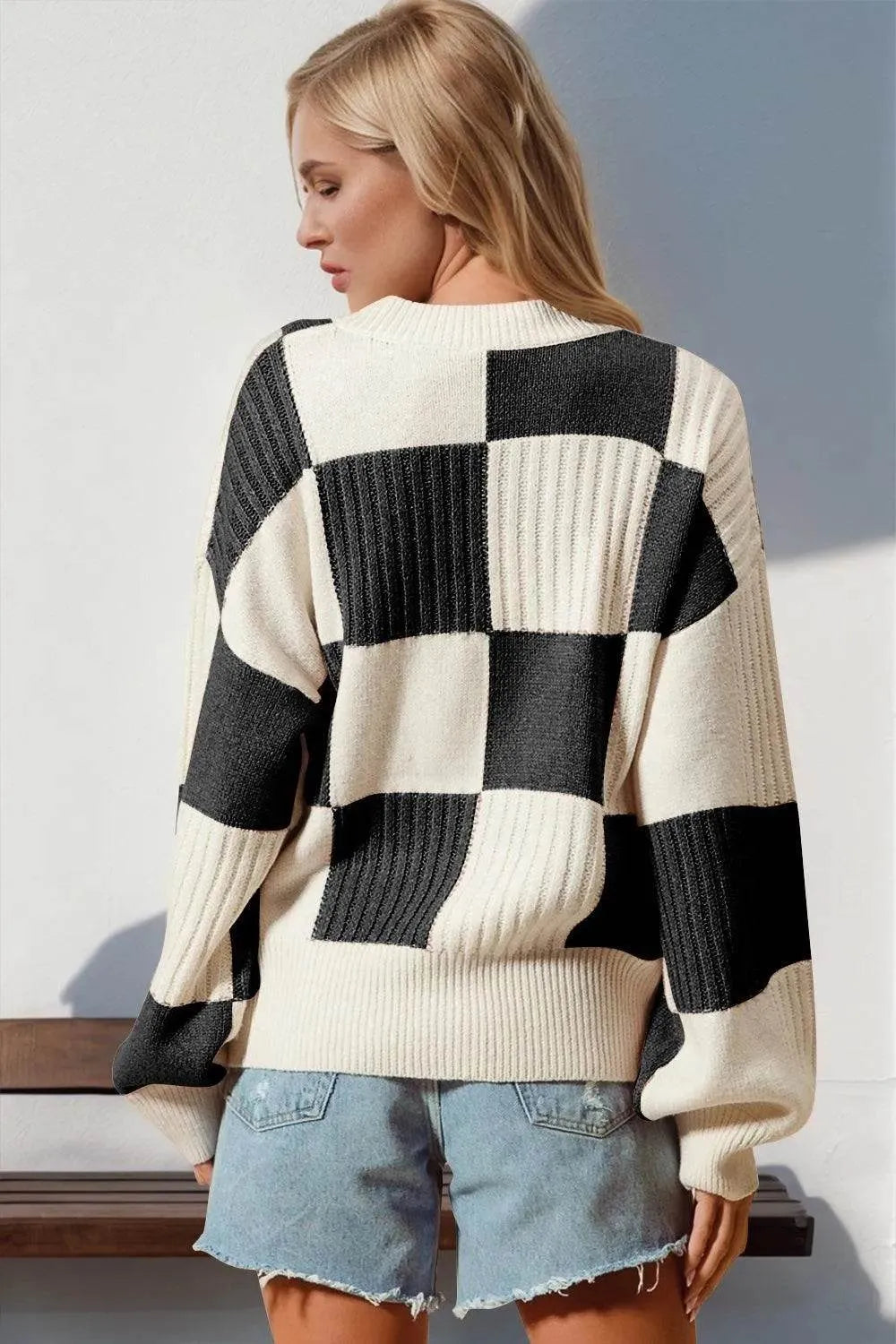 Double Take Full Size Checkered Dropped Shoulder Cardigan - Bona Fide Fashion