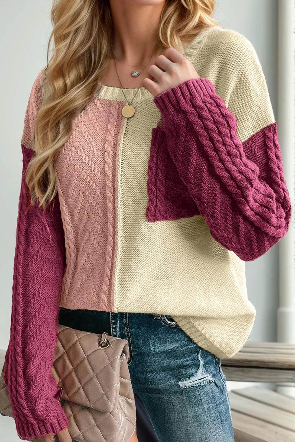 Double Take Full Size Color Block Drop Shoulder Sweater - Bona Fide Fashion
