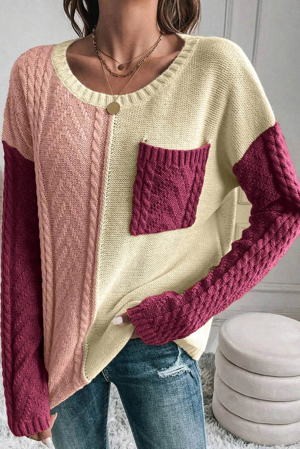 Double Take Full Size Color Block Drop Shoulder Sweater - Bona Fide Fashion
