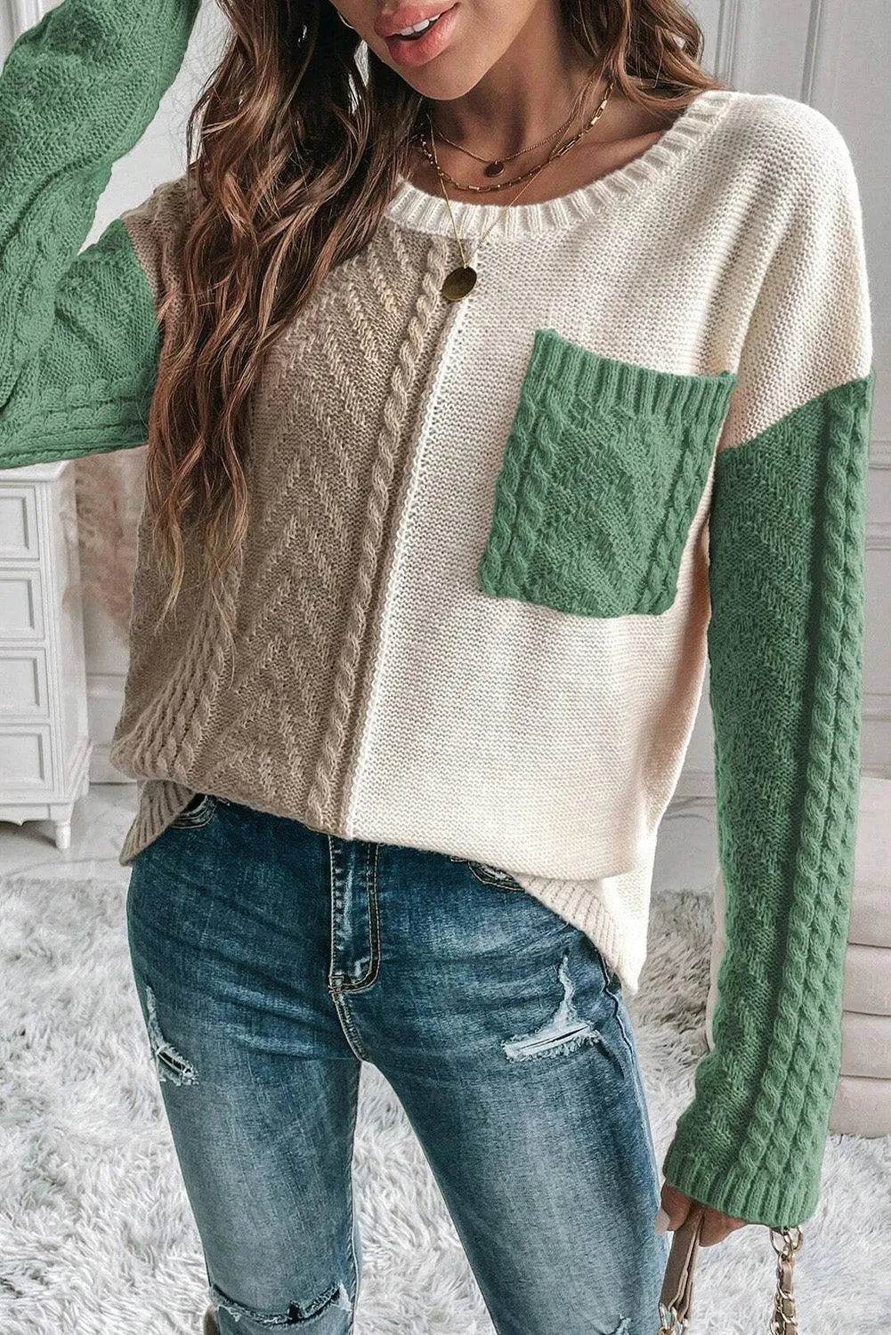 Double Take Full Size Color Block Drop Shoulder Sweater - Bona Fide Fashion