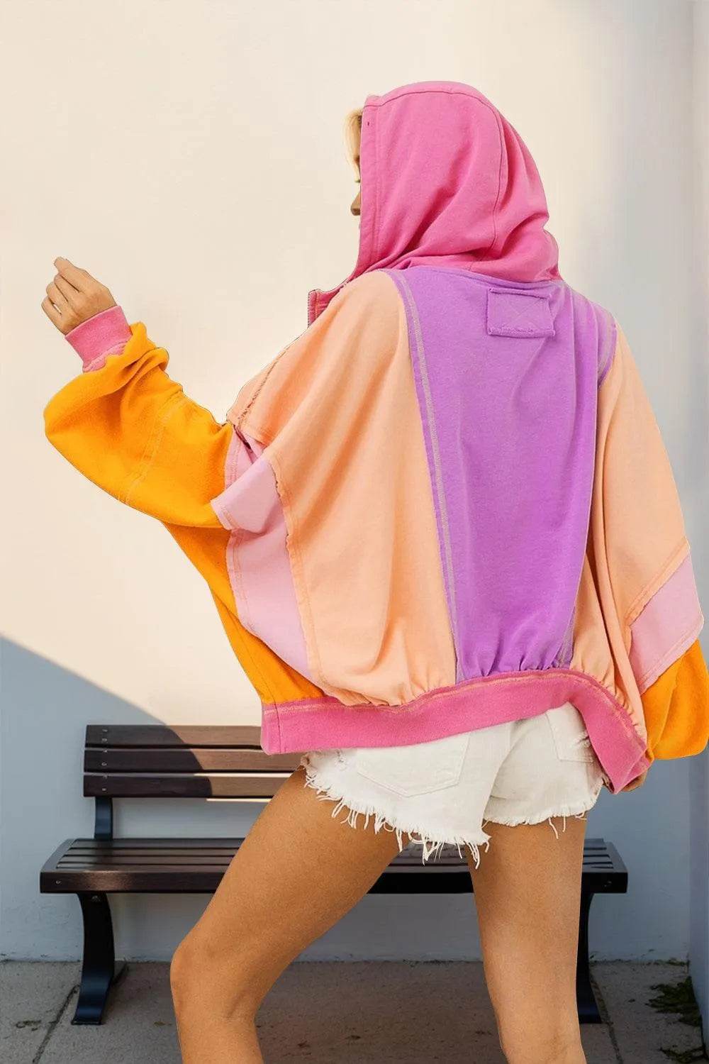 Double Take Full Size Color Block Zip Up Hoodie - Bona Fide Fashion