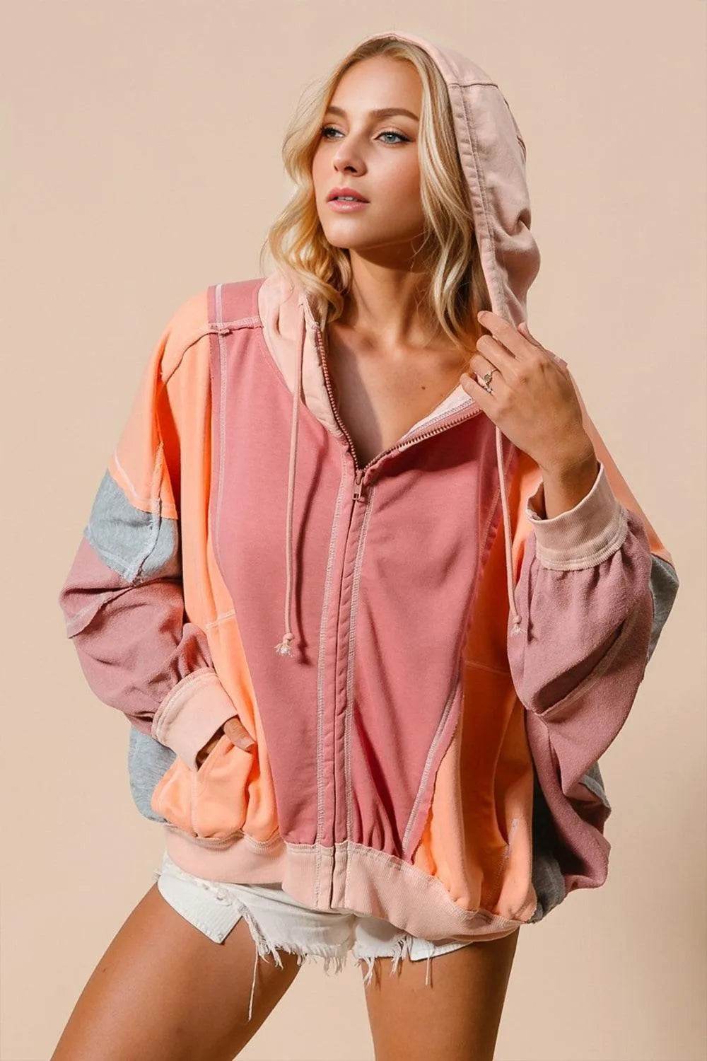 Double Take Full Size Color Block Zip Up Hoodie - Bona Fide Fashion