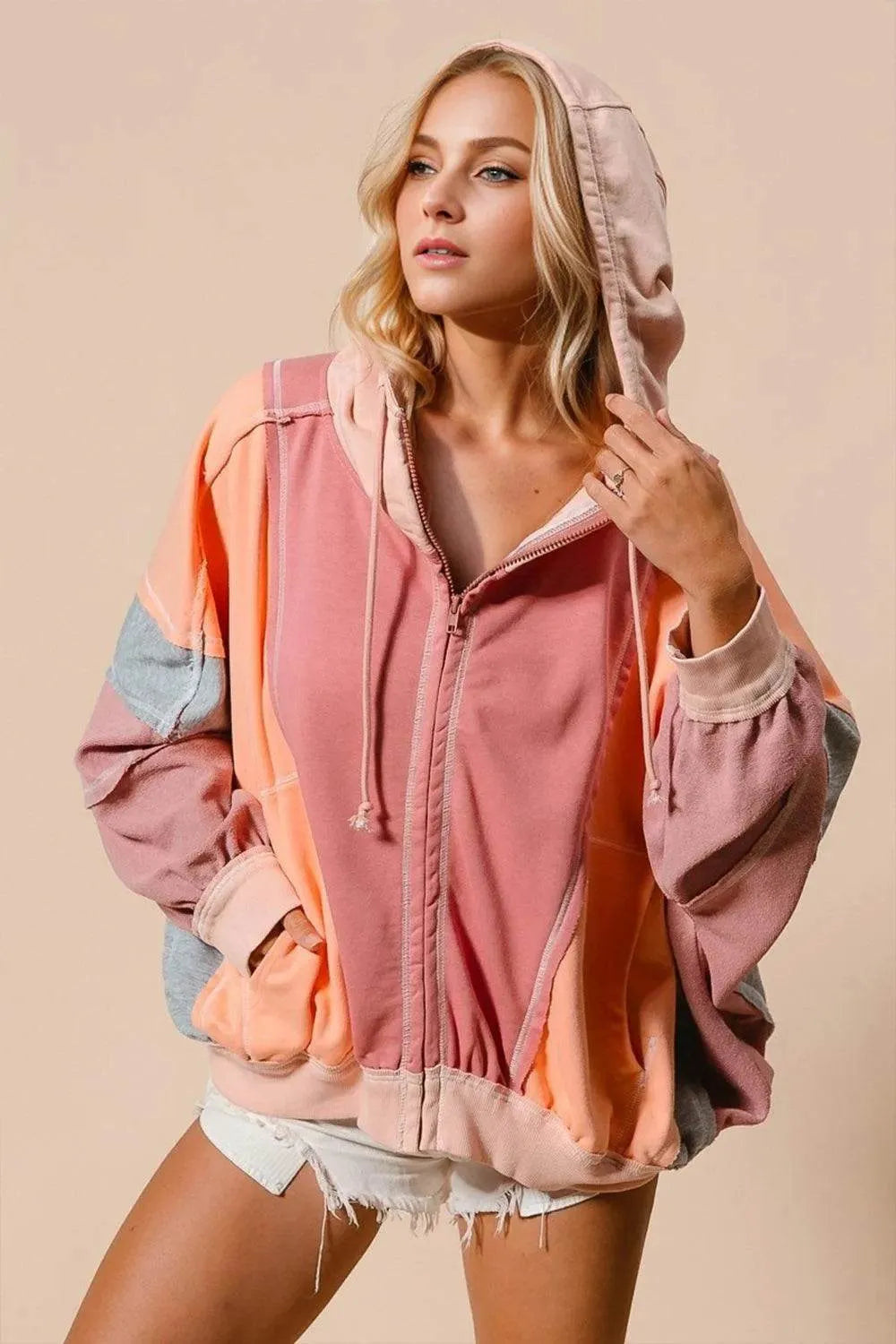 Double Take Full Size Color Block Zip Up Hoodie - Bona Fide Fashion