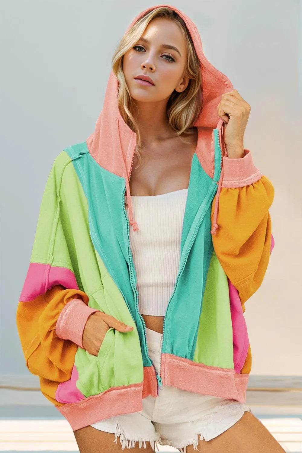 Double Take Full Size Color Block Zip Up Hoodie - Bona Fide Fashion