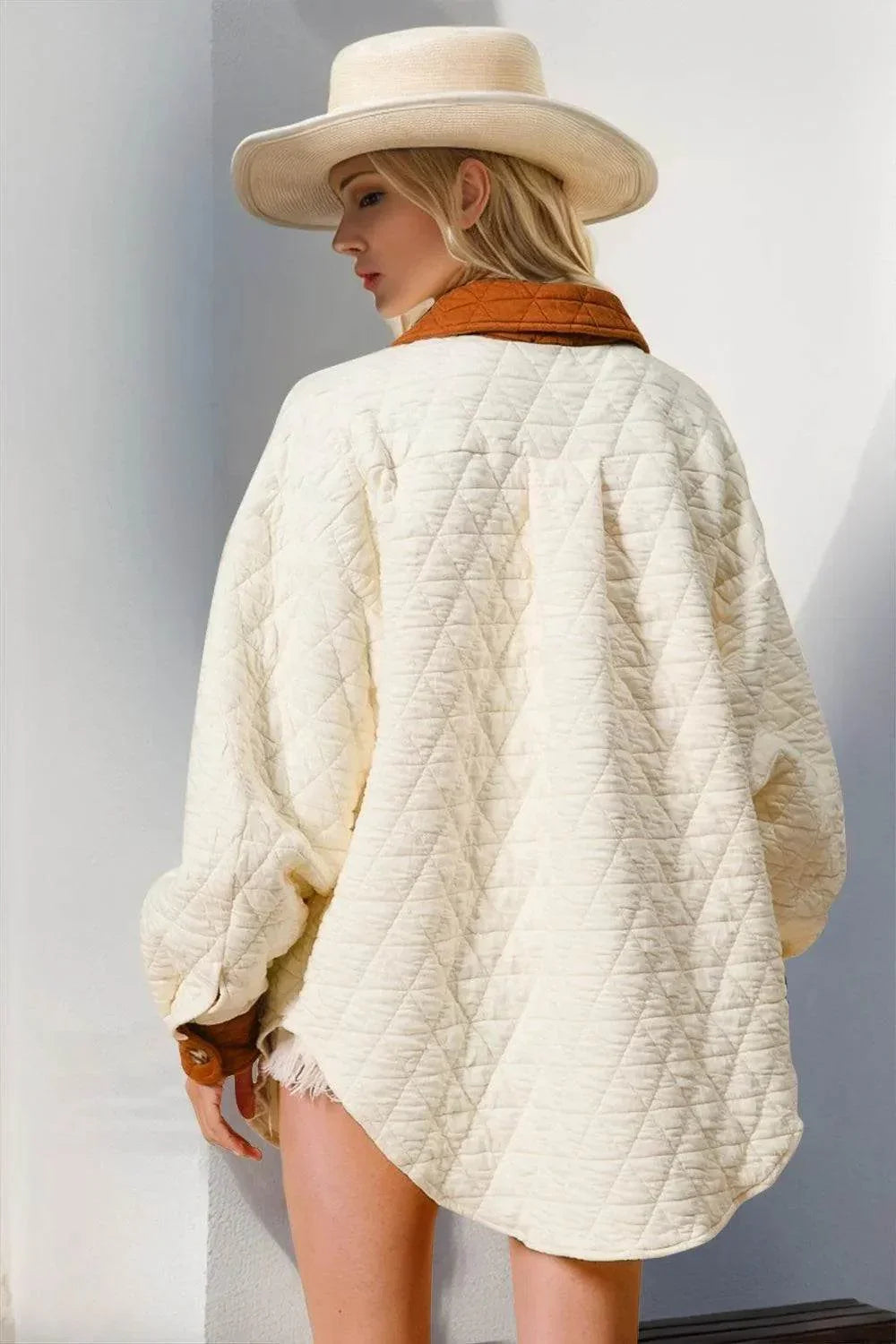 Double Take Full Size Contrast Button Up Quilted Shacket - Bona Fide Fashion
