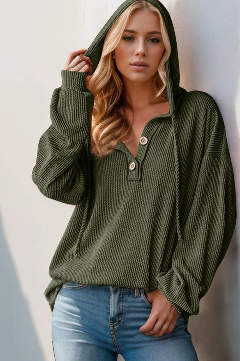 Double Take Full Size Half Button Long Sleeve Hoodie - Bona Fide Fashion