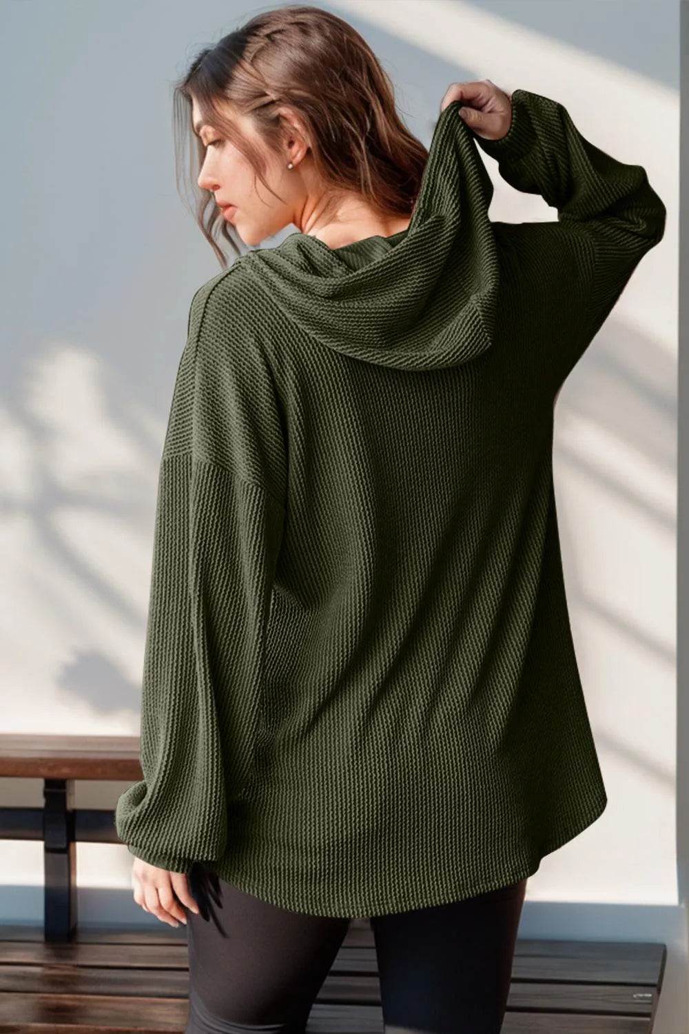 Double Take Full Size Half Button Long Sleeve Hoodie - Bona Fide Fashion