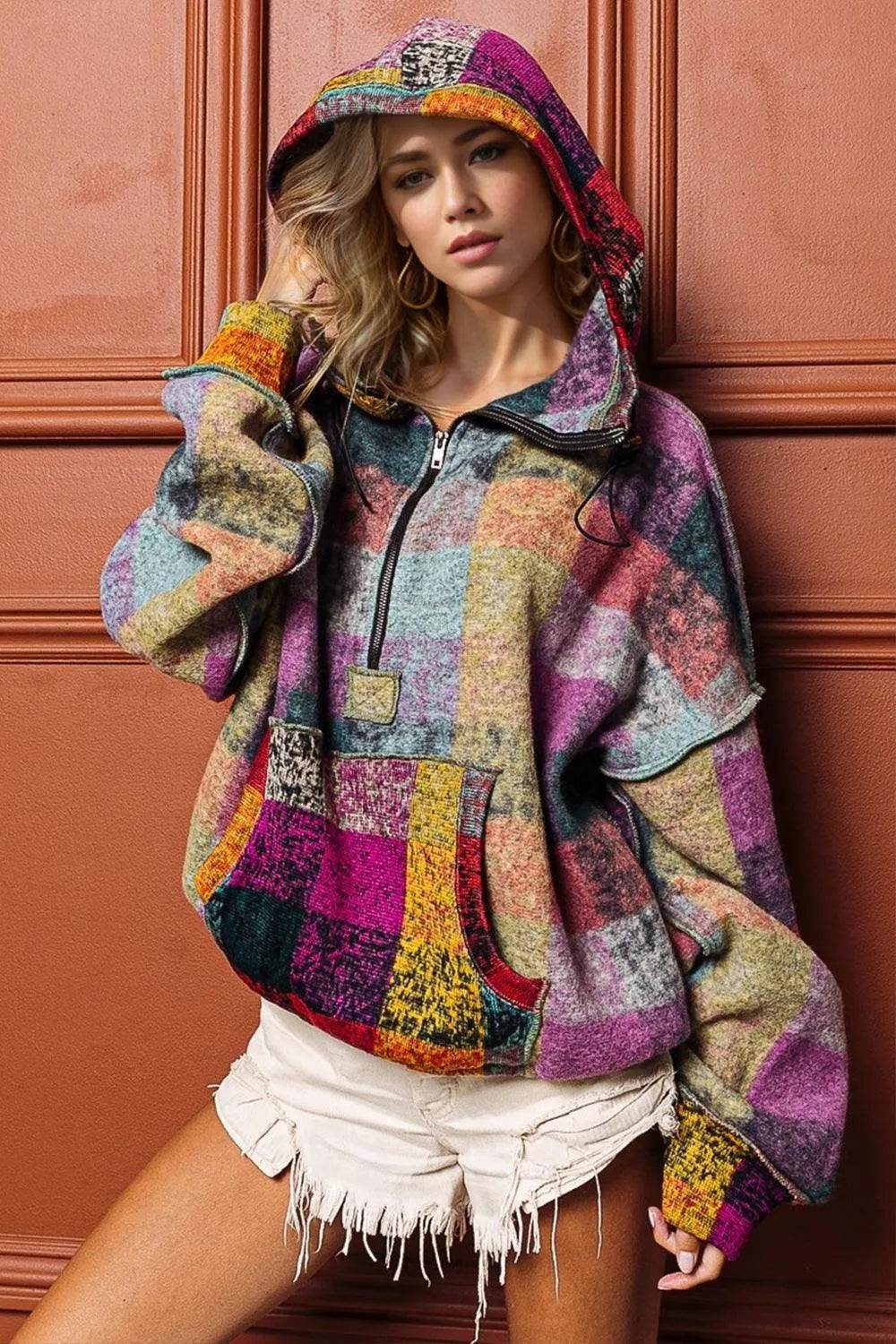 Double Take Full Size Half Zip Exposed Seam Hoodie - Bona Fide Fashion