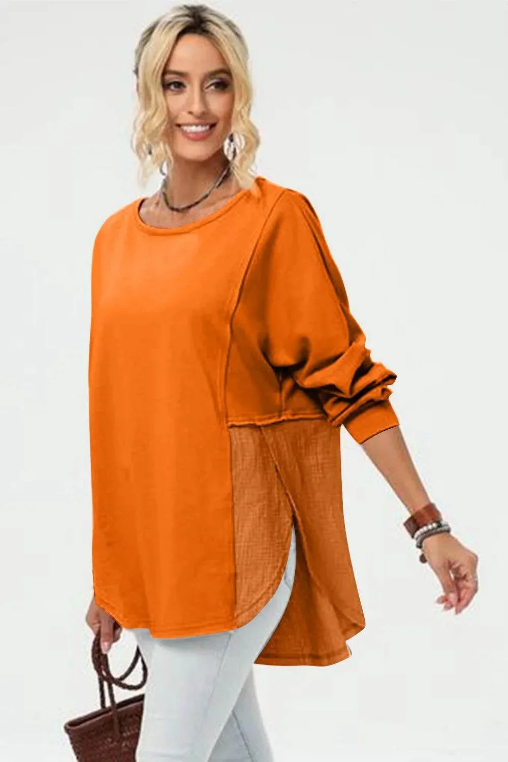 Double Take Full Size Long Sleeve High-Low T-Shirt - Bona Fide Fashion