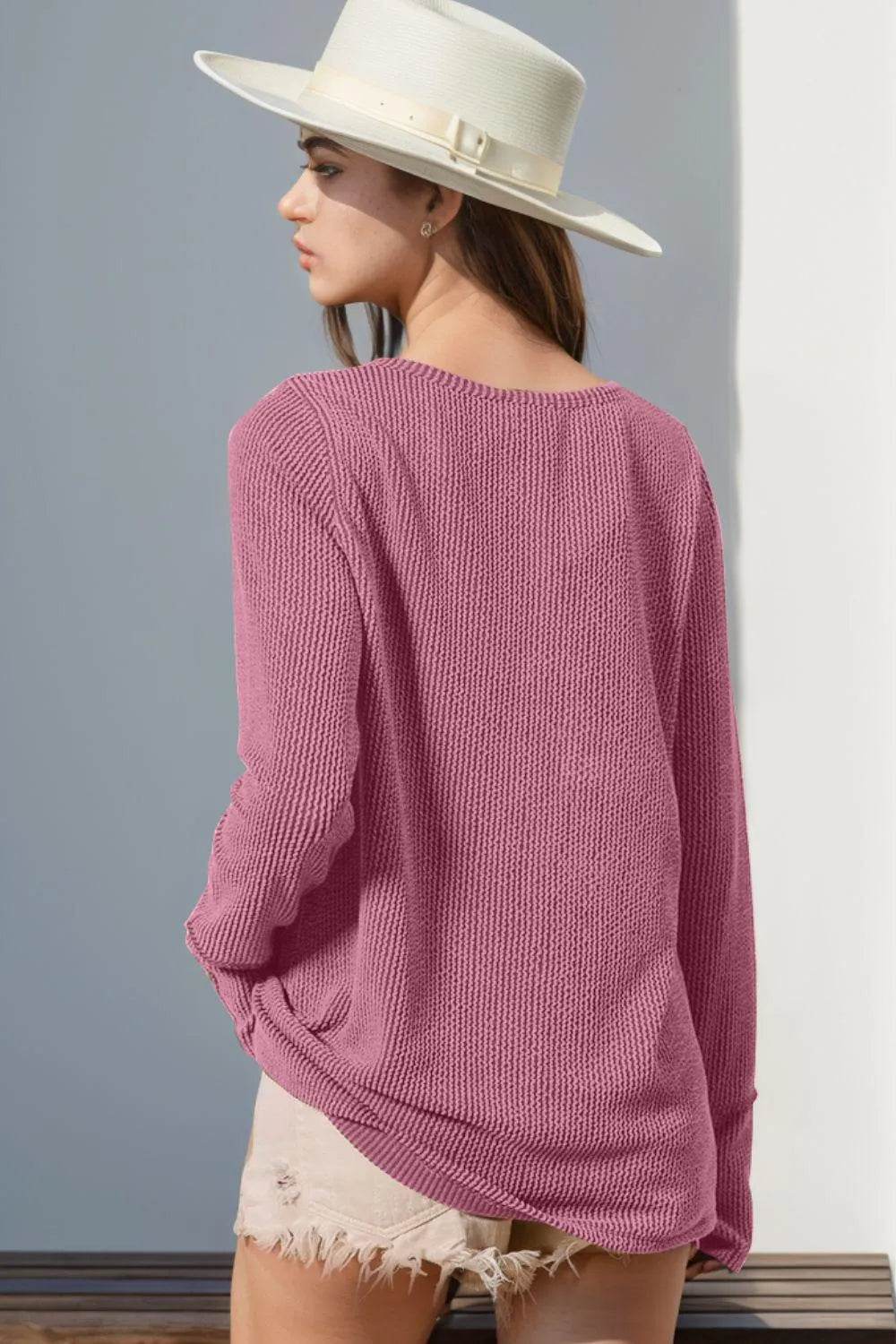 Double Take Full Size Notched Thumbhole Long Sleeve T-Shirt - Bona Fide Fashion
