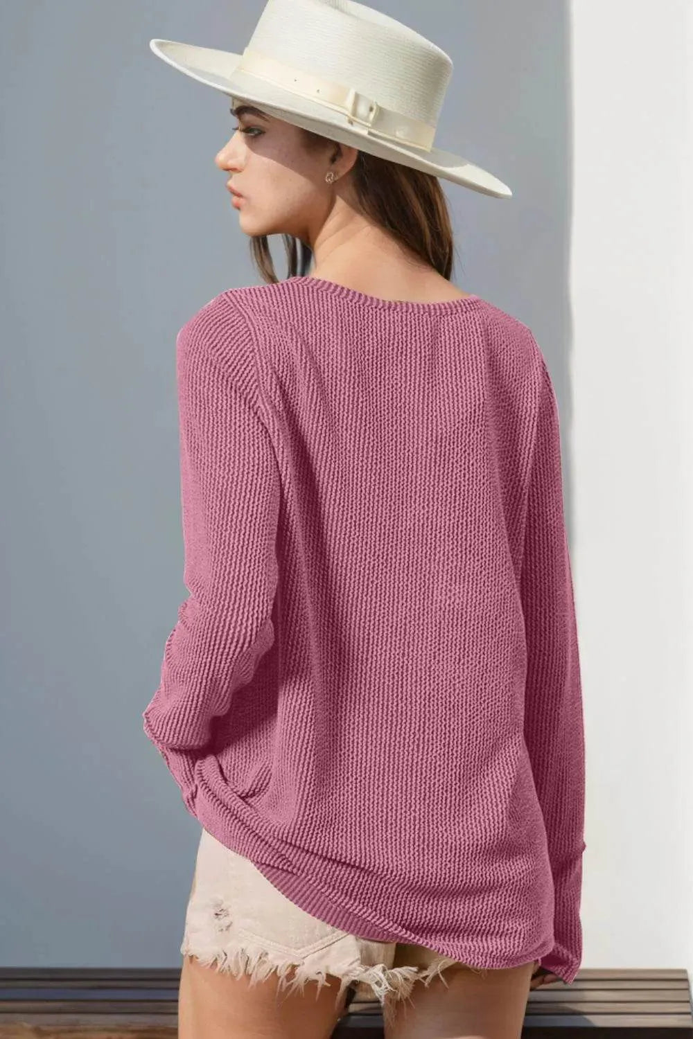 Double Take Full Size Notched Thumbhole Long Sleeve T-Shirt - Bona Fide Fashion