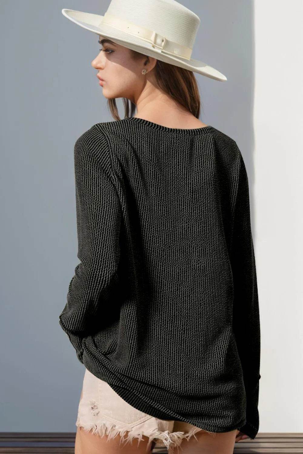 Double Take Full Size Notched Thumbhole Long Sleeve T-Shirt - Bona Fide Fashion