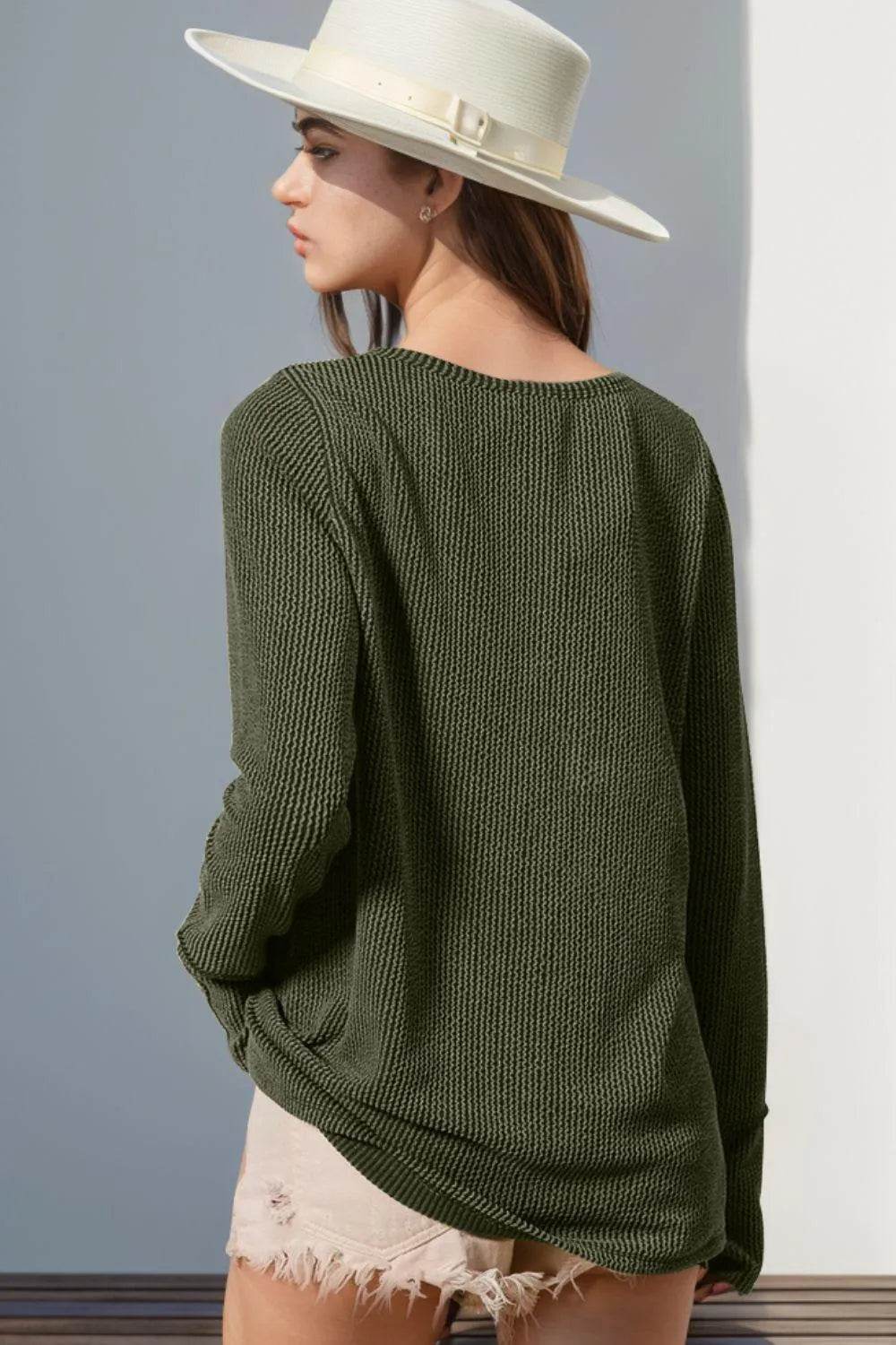 Double Take Full Size Notched Thumbhole Long Sleeve T-Shirt - Bona Fide Fashion