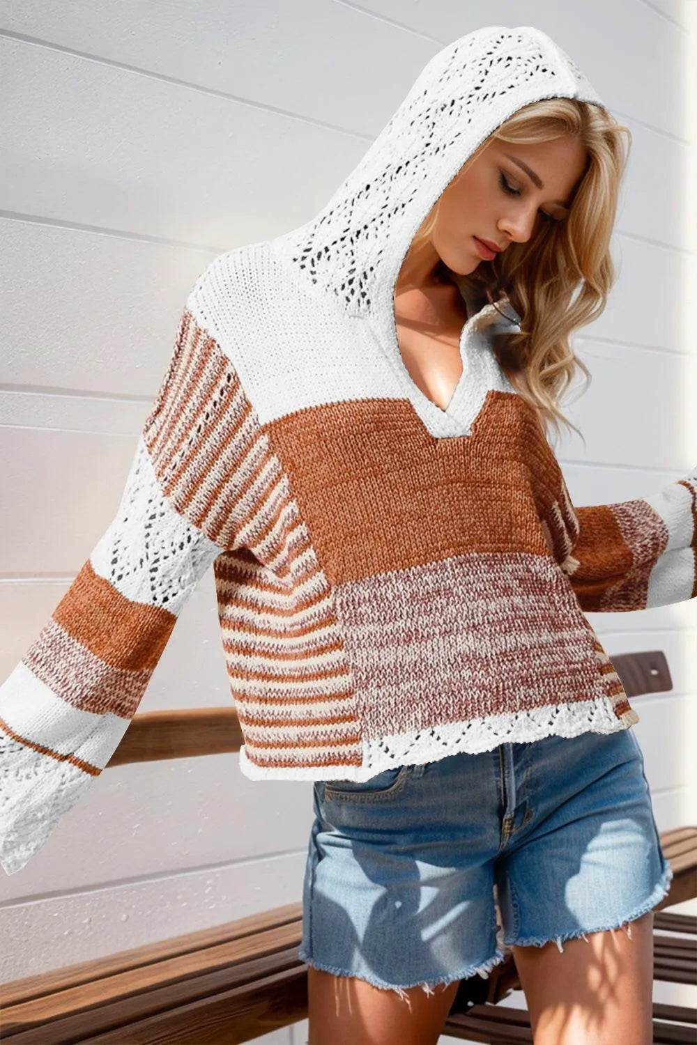 Double Take Full Size Openwork Contrast Long Sleeve Hooded Sweater - Bona Fide Fashion