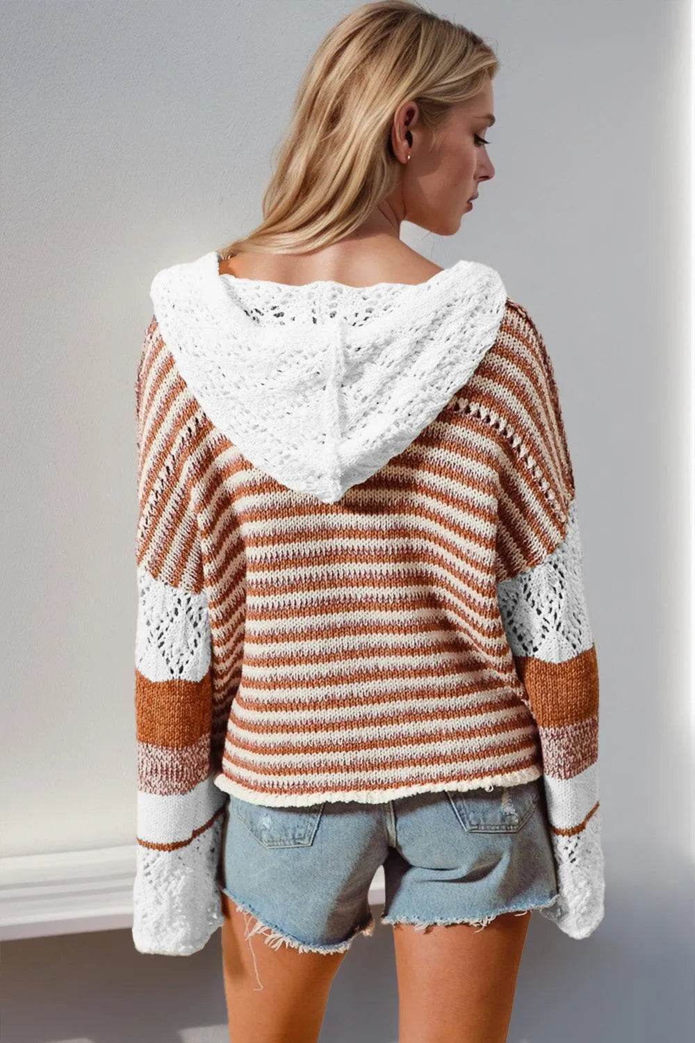 Double Take Full Size Openwork Contrast Long Sleeve Hooded Sweater - Bona Fide Fashion
