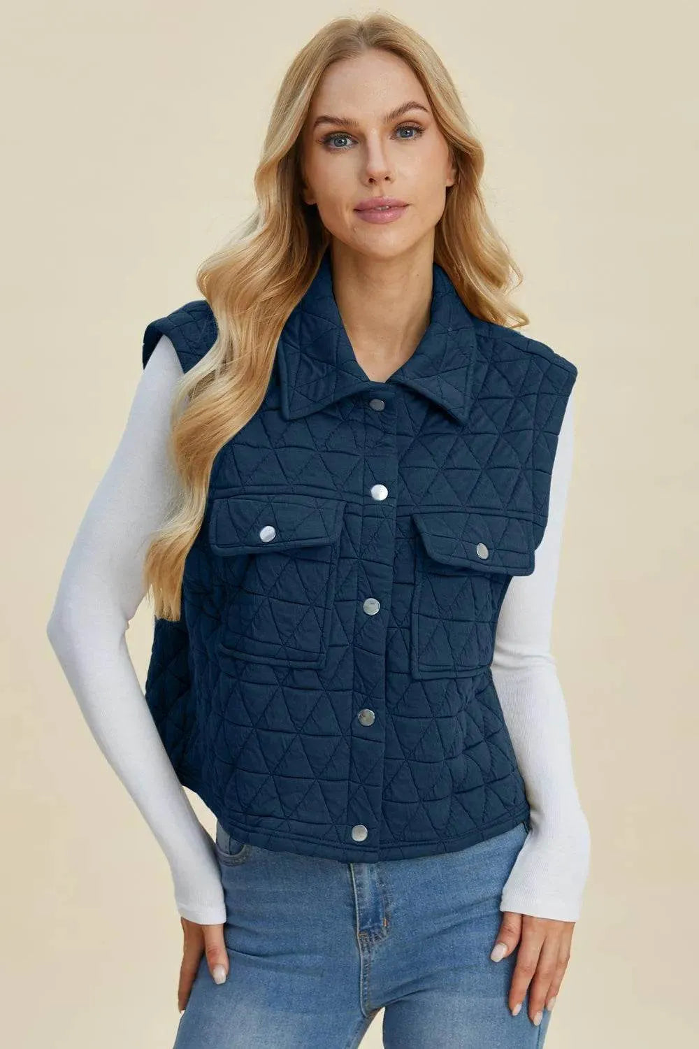 Double Take Full Size Pocketed Texture Snap Down Vest Coat - Bona Fide Fashion