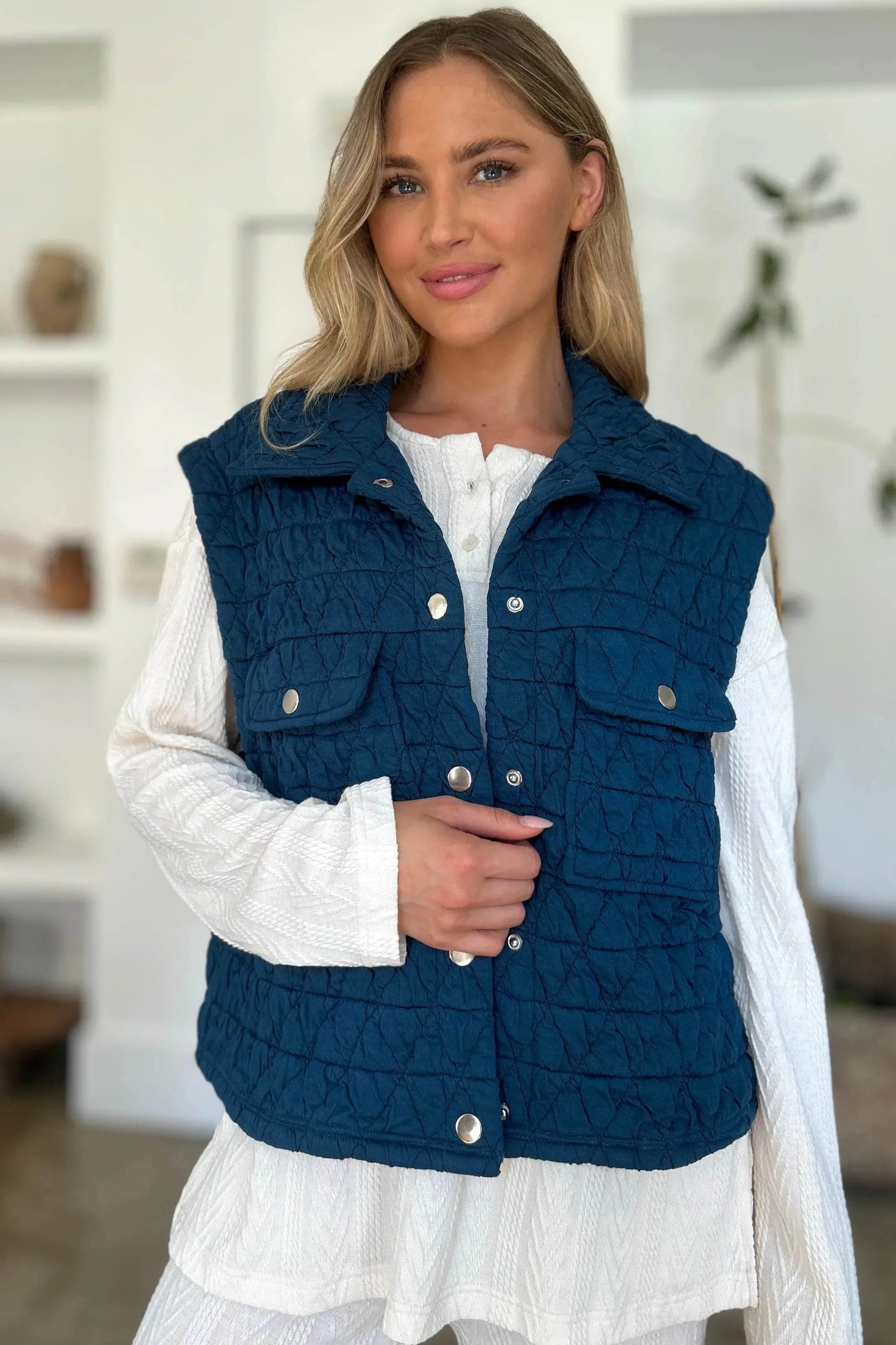 Double Take Full Size Pocketed Texture Snap Down Vest Coat - Bona Fide Fashion