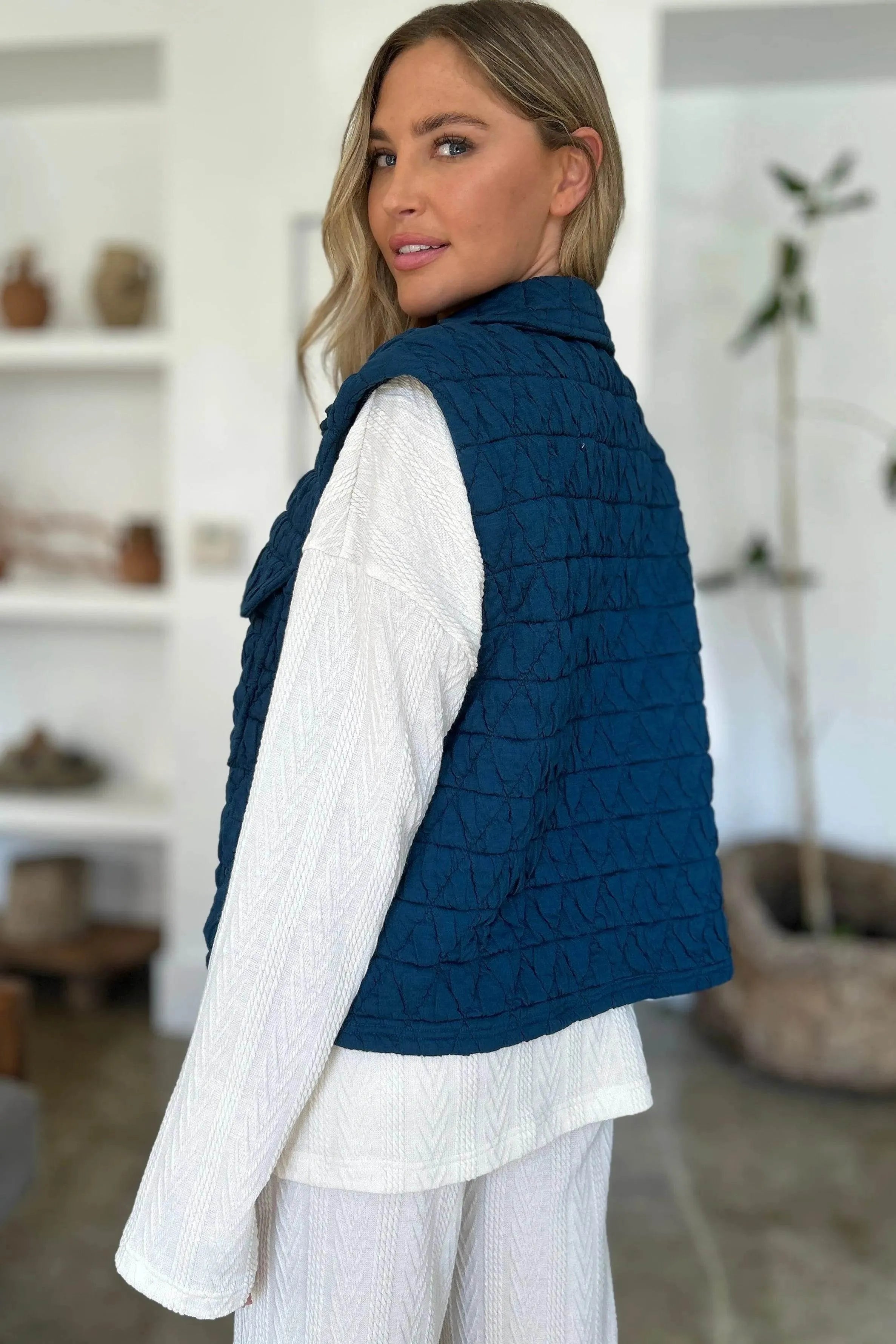 Double Take Full Size Pocketed Texture Snap Down Vest Coat - Bona Fide Fashion