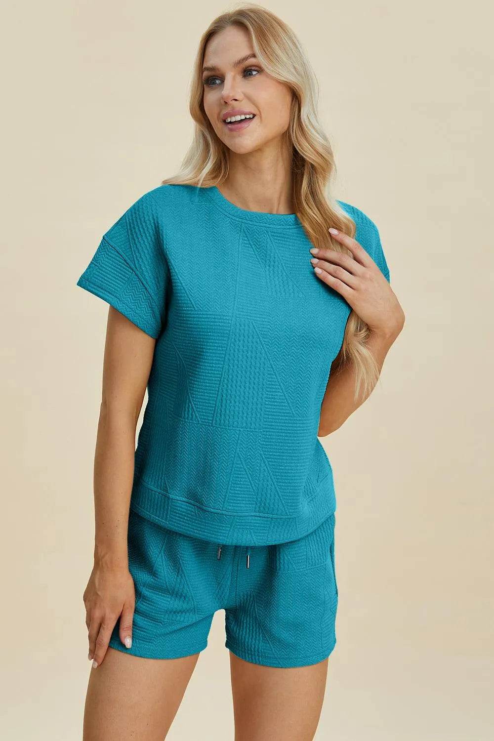 Double Take Full Size Texture Short Sleeve Top and Shorts Set - Bona Fide Fashion