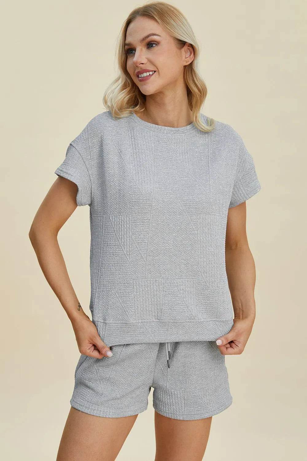 Double Take Full Size Texture Short Sleeve Top and Shorts Set - Bona Fide Fashion
