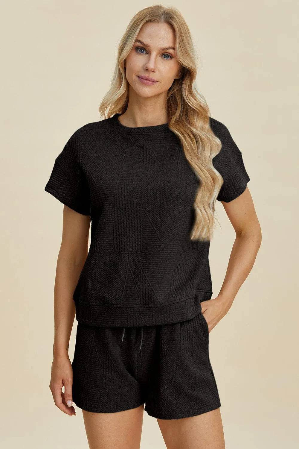Double Take Full Size Texture Short Sleeve Top and Shorts Set - Bona Fide Fashion