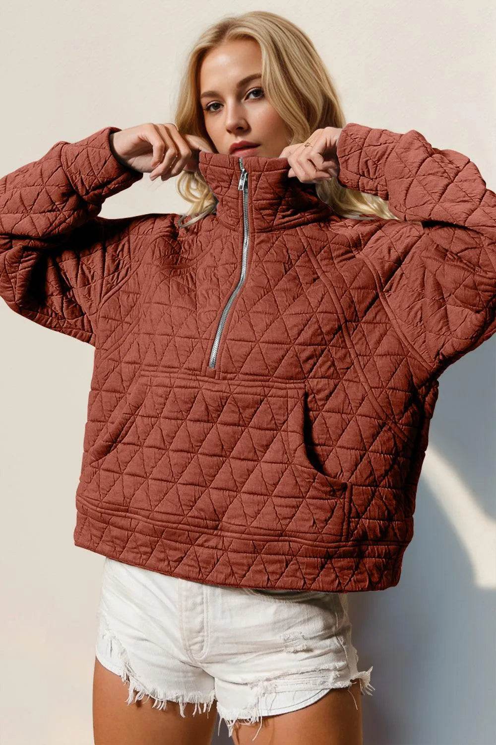 Double Take Half Zip Long Sleeve Quilted Sweatshirt with Pocket - Bona Fide Fashion