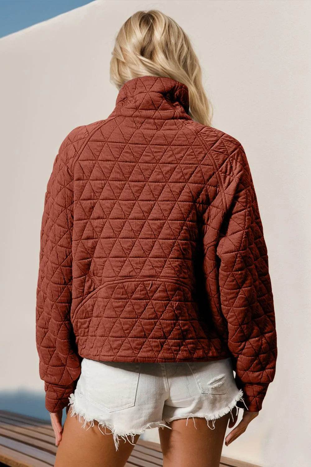 Double Take Half Zip Long Sleeve Quilted Sweatshirt with Pocket - Bona Fide Fashion