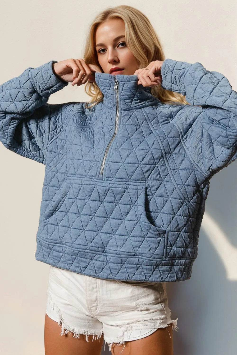 Double Take Half Zip Long Sleeve Quilted Sweatshirt with Pocket - Bona Fide Fashion