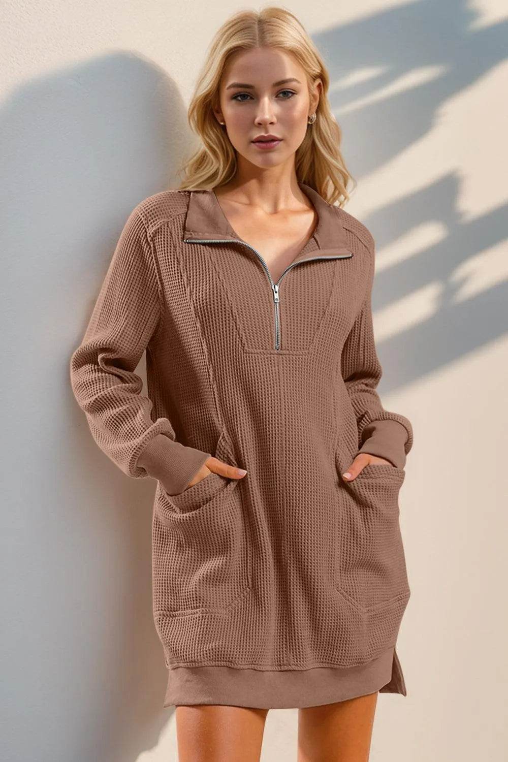 Double Take Waffle Long Sleeve Mini Dress with Pockets - Bona Fide Fashion