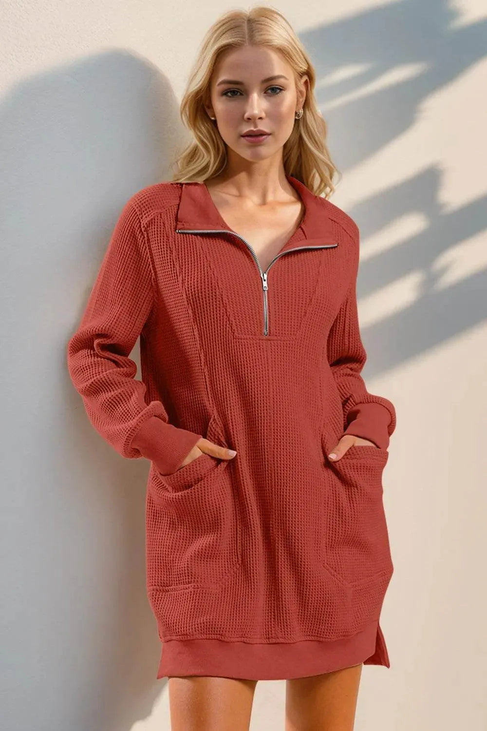 Double Take Waffle Long Sleeve Mini Dress with Pockets - Bona Fide Fashion