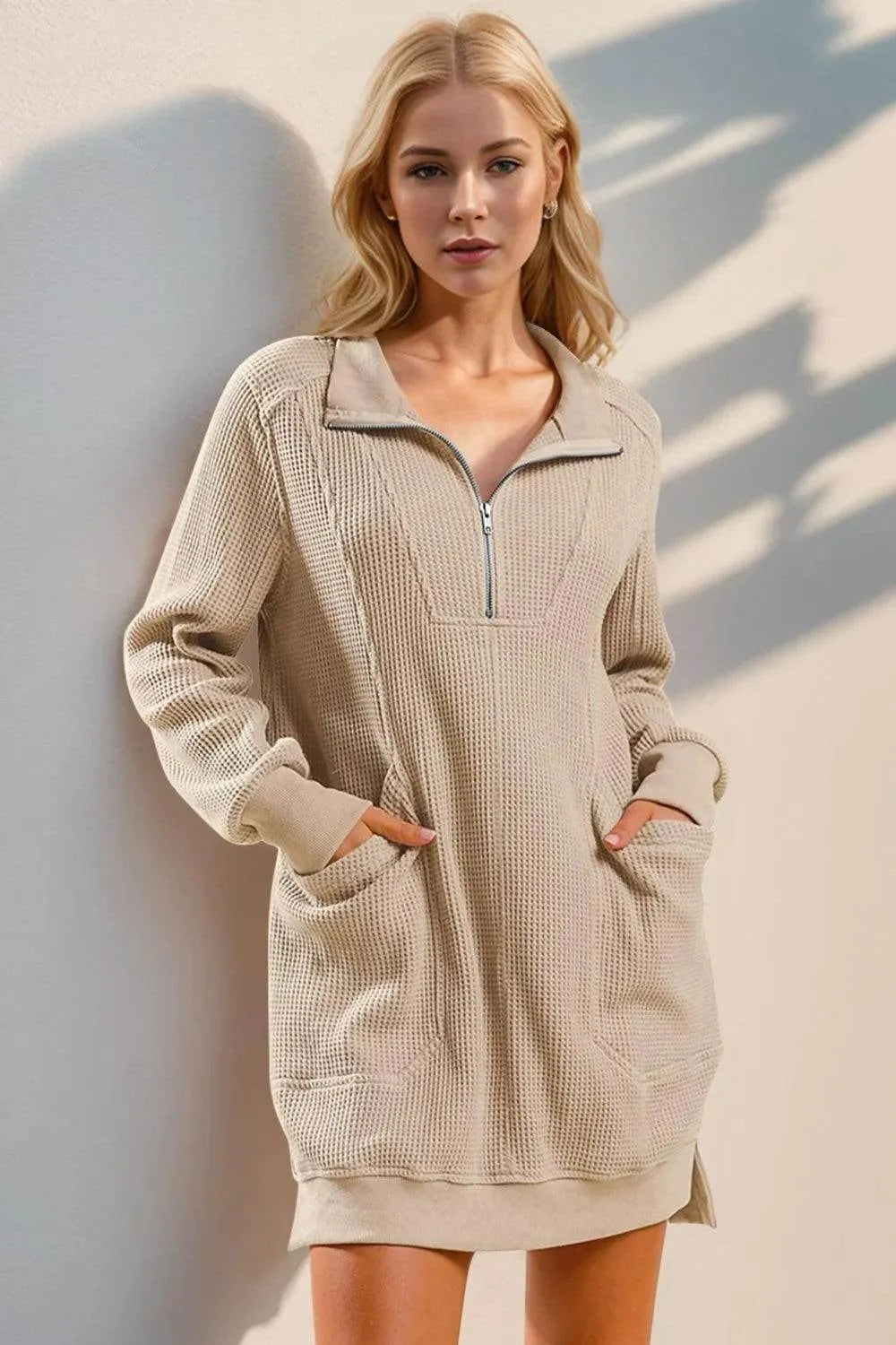 Double Take Waffle Long Sleeve Mini Dress with Pockets - Bona Fide Fashion