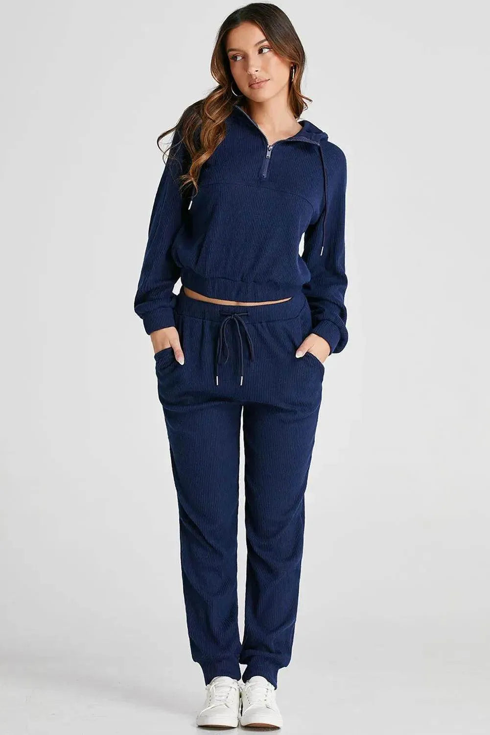 Drawstring Half Zip Hoodie and Joggers Active Set - Bona Fide Fashion