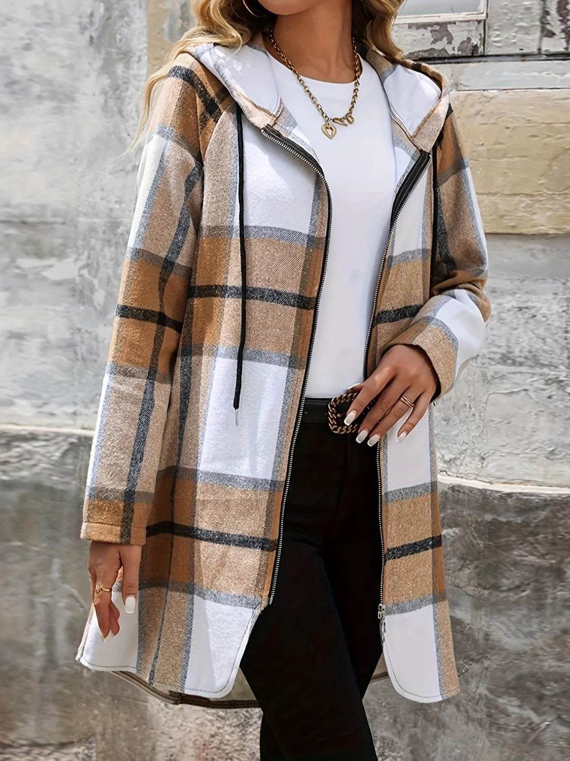 Drawstring Plaid Zip Up Hooded Outerwear - Bona Fide Fashion