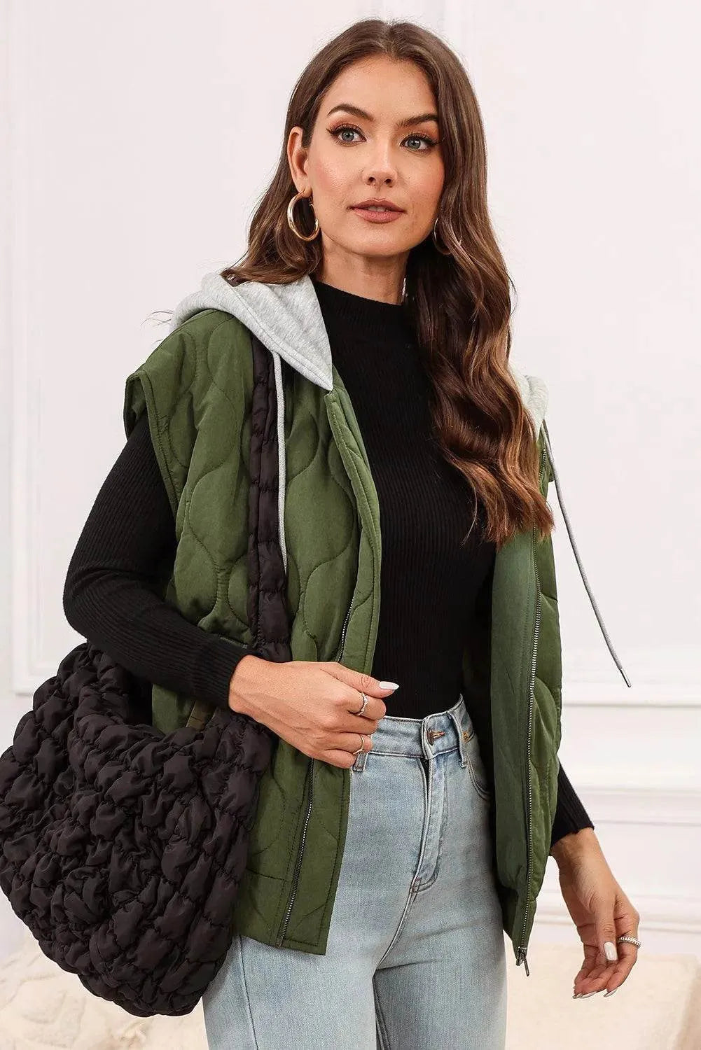 Drawstring Zip Up Hooded Vest Coat - Bona Fide Fashion