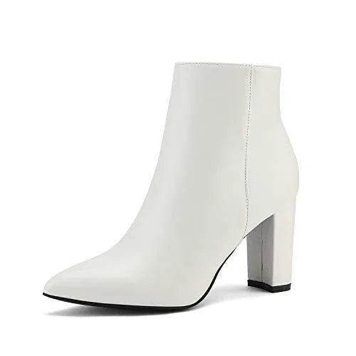 DREAM PAIRS Womens White Pu Chunky Heel Ankle Booties Pointed Toe Short Boots Size 8 B(M) US Sianna-1 Stunner, White/Pu - Bona Fide Fashion