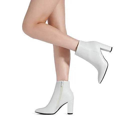 DREAM PAIRS Womens White Pu Chunky Heel Ankle Booties Pointed Toe Short Boots Size 8 B(M) US Sianna-1 Stunner, White/Pu - Bona Fide Fashion