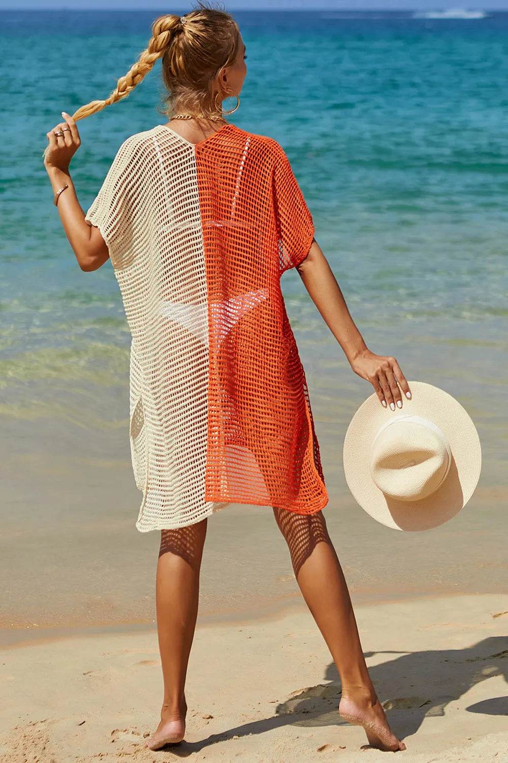 Angel Wings Openwork Contrast Slit Knit Cover Up - Bona Fide Fashion