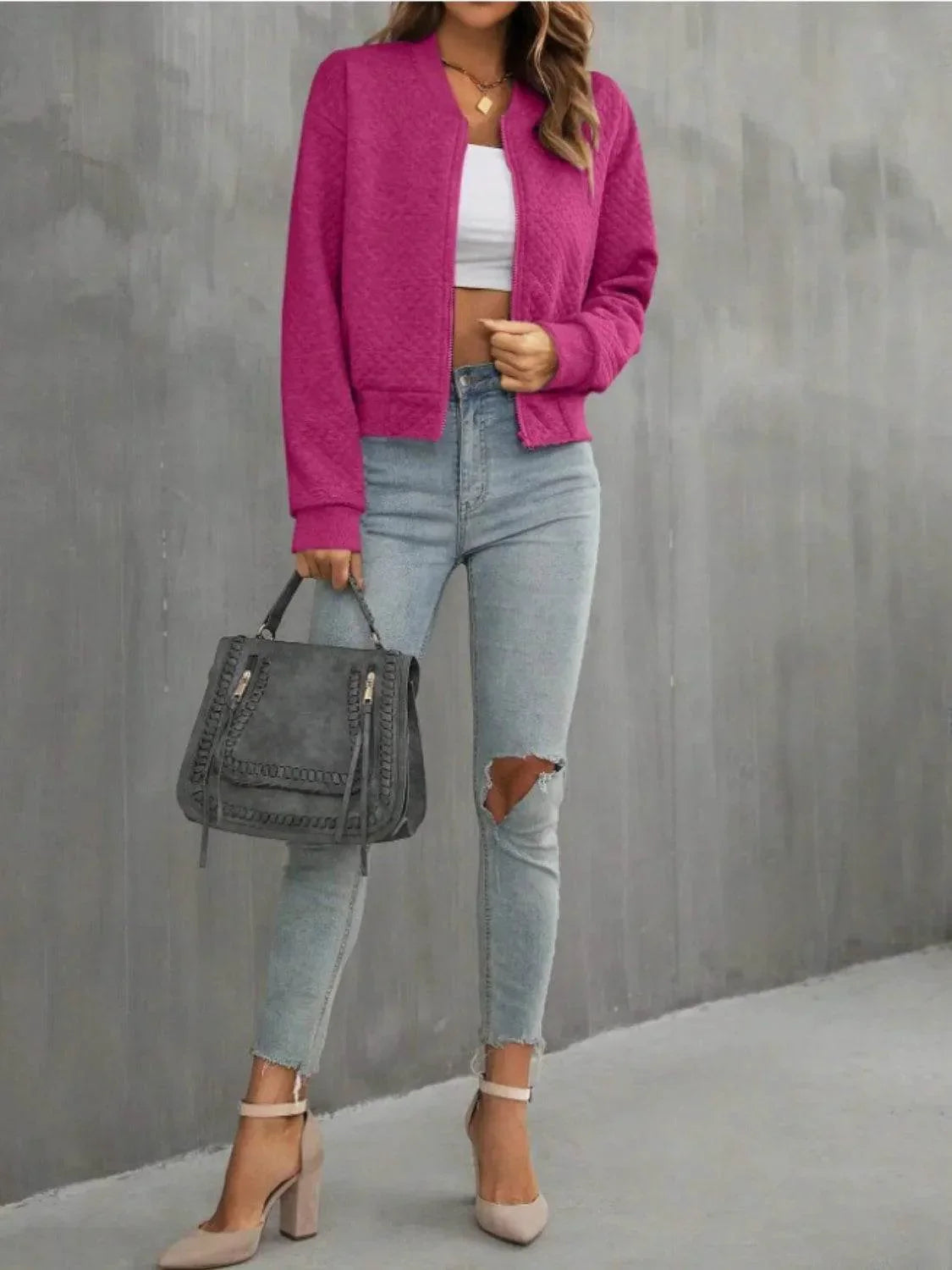 Zip Up Long Sleeve Jacket - Bona Fide Fashion