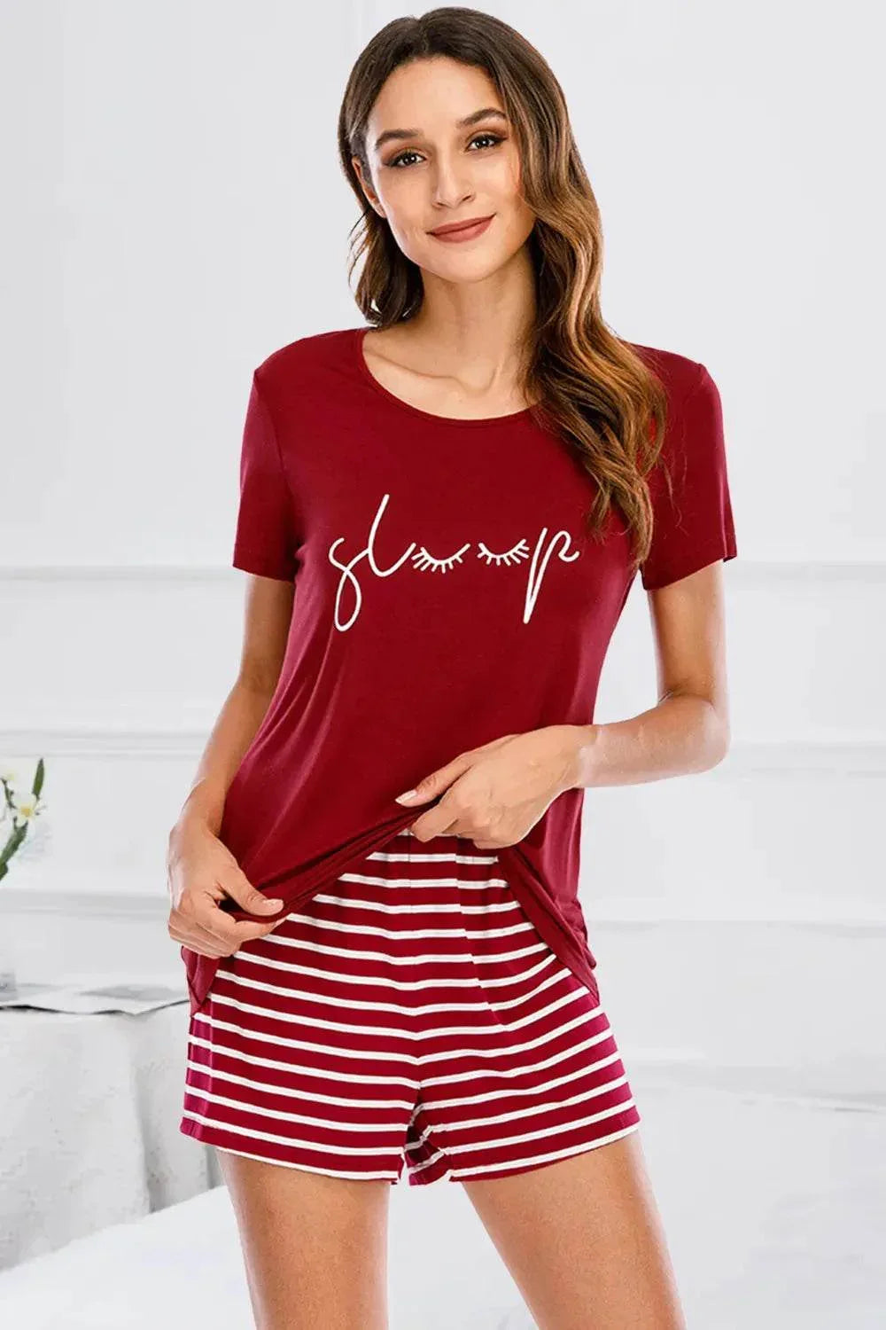 Graphic Round Neck and Striped Shorts Lounge Set - Bona Fide Fashion